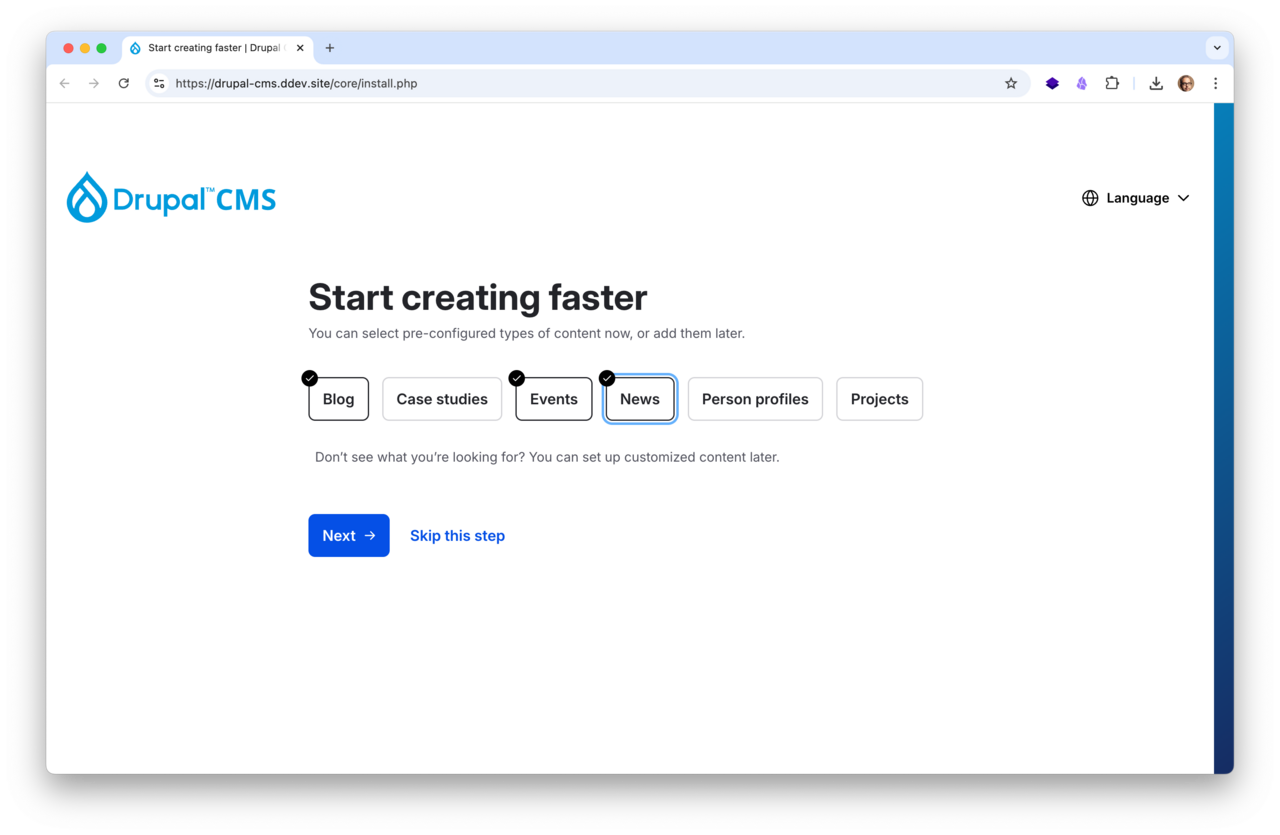 Drupal installation screen